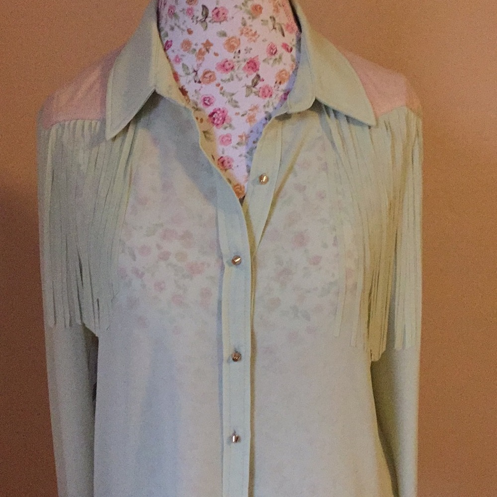 NWT English Rose lime - olive fringe blouse -L